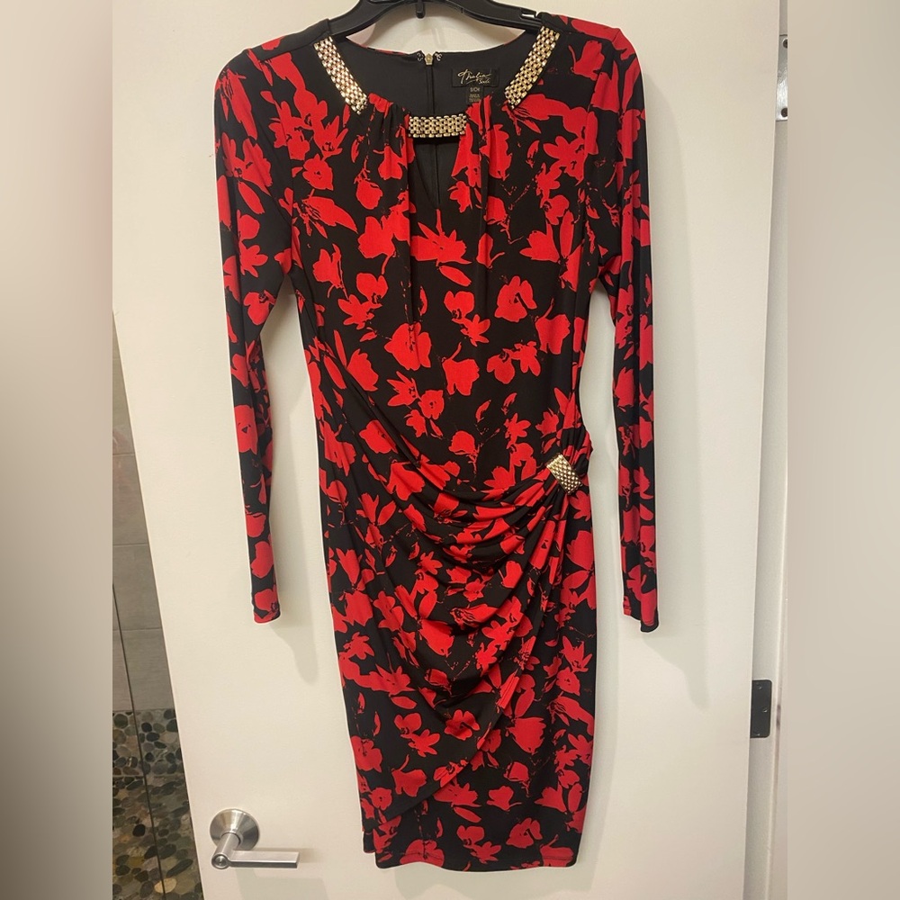 Thalia Sodi Red and Black Ruched Wrap Dress